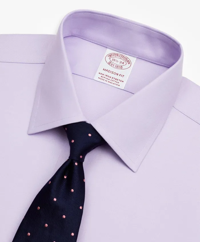 Men Stretch Madison RelaxedFit Dress Shirt NonIron Twill Ainsley Collar Lavender Brooks Brothers Dress Shirts