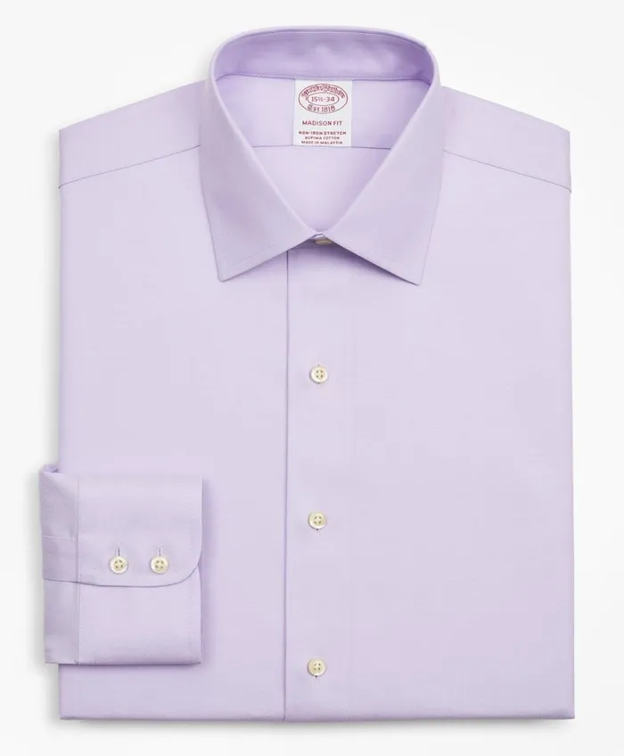 Men Stretch Madison RelaxedFit Dress Shirt NonIron Twill Ainsley Collar Lavender Brooks Brothers Dress Shirts