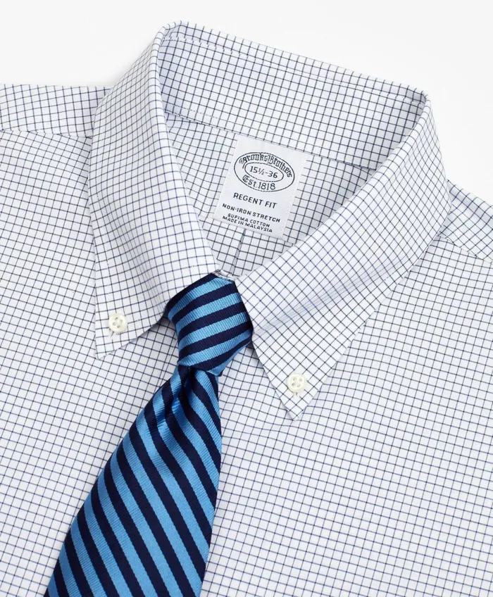 Men Stretch Regent RegularFit Dress Shirt NonIron Poplin ButtonDown Collar Small Grid Check Navy Brooks Brothers Dress Shirts