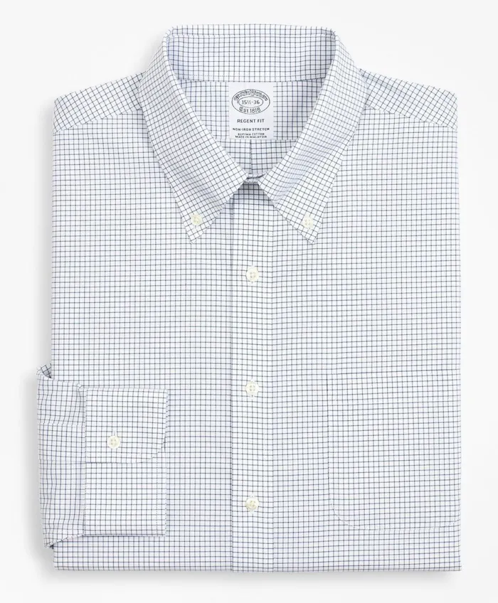 Men Stretch Regent RegularFit Dress Shirt NonIron Poplin ButtonDown Collar Small Grid Check Navy Brooks Brothers Dress Shirts