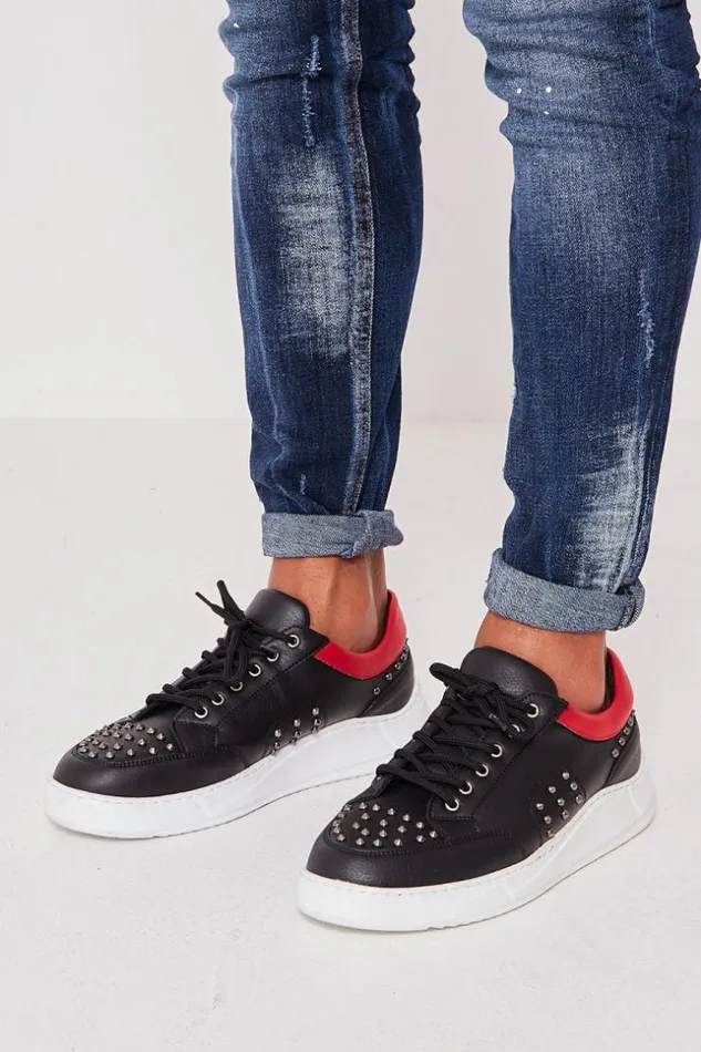 Men Studded Trainers In Black And Red Black Brentiny Paris Sneakers