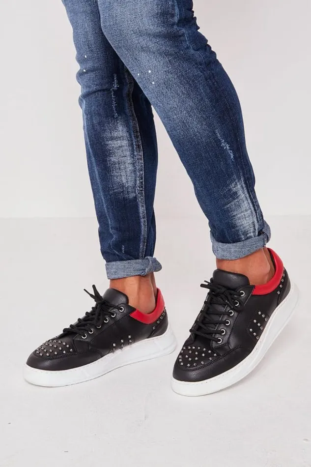Men Studded Trainers In Black And Red Black Brentiny Paris Sneakers