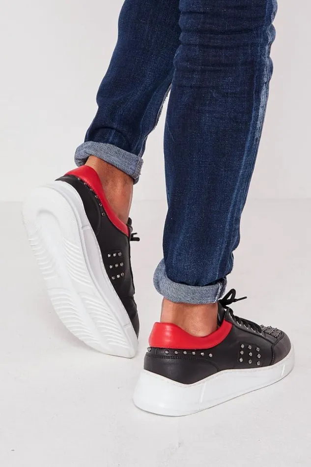 Men Studded Trainers In Black And Red Black Brentiny Paris Sneakers