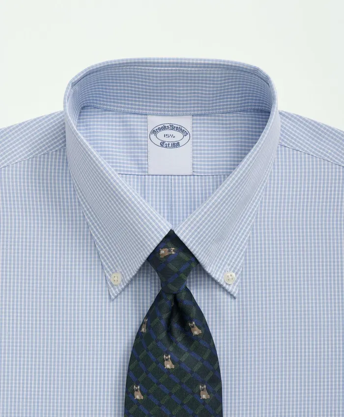 Men Supima Cotton Poplin Polo ButtonDown Collar Micro Checked Dress Shirt Light Blue Brooks Brothers Dress Shirts