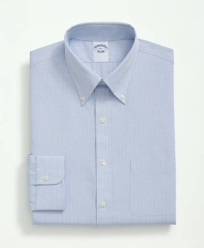 Men Supima Cotton Poplin Polo ButtonDown Collar Micro Checked Dress Shirt Light Blue Brooks Brothers Dress Shirts