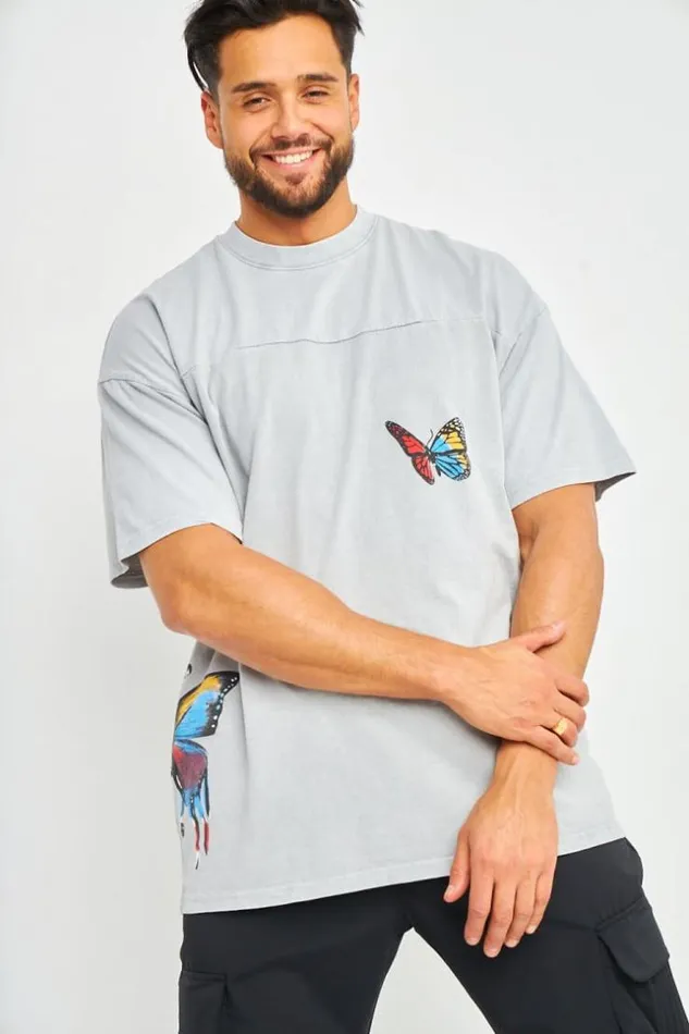 Men TShirt Gris Imprim Papillons Multicolores Brentiny Paris TShirts