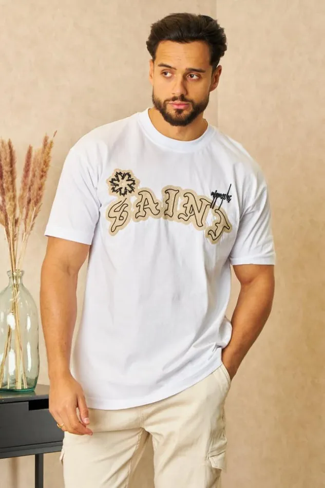 Men TShirt Inscription 034Saint034 En Relief Blanc White Brentiny Paris TShirts
