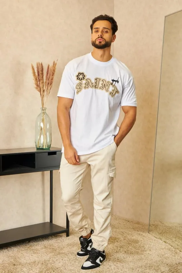 Men TShirt Inscription 034Saint034 En Relief Blanc White Brentiny Paris TShirts Men TShirt Inscription 034Saint034 En Relief Blanc White Brentiny Paris TShirts