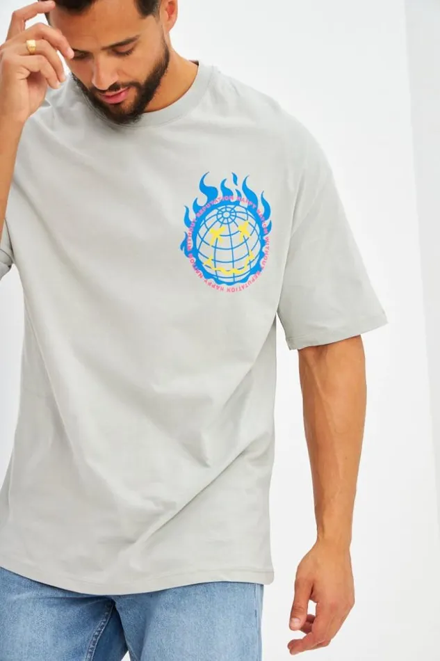 Men TShirt Logo Imprim Smiley Terre Gris Grey Brentiny Paris TShirts