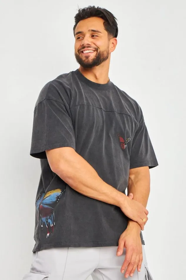 Men TShirt Noir Imprim Papillons Multicolors Black Brentiny Paris TShirts