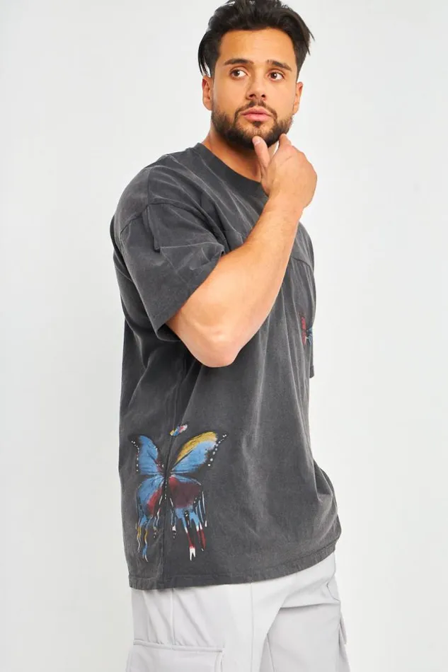 Men TShirt Noir Imprim Papillons Multicolors Black Brentiny Paris TShirts