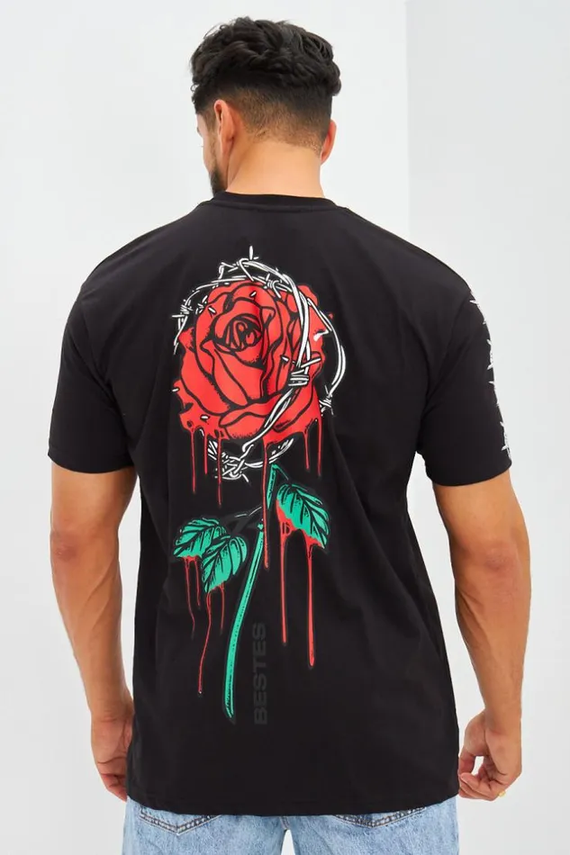 Men TShirt Oversize Floqu Rose Barbel Blanc Black Brentiny Paris TShirts