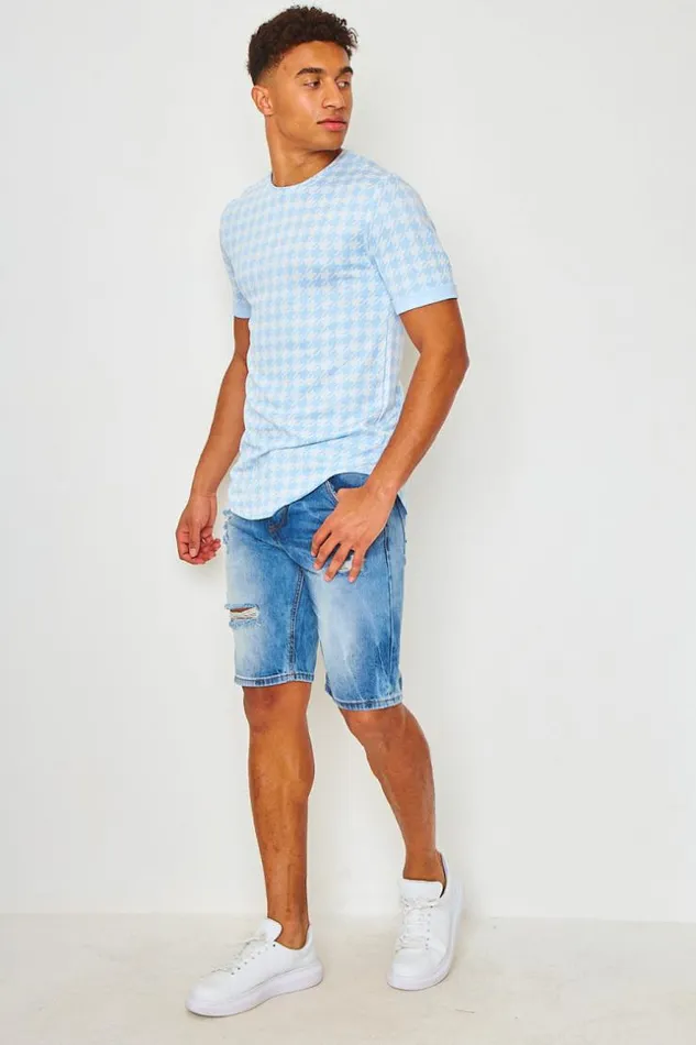 Men TShirt With Houndstooth Print In Blue Bleuclair Brentiny Paris TShirts