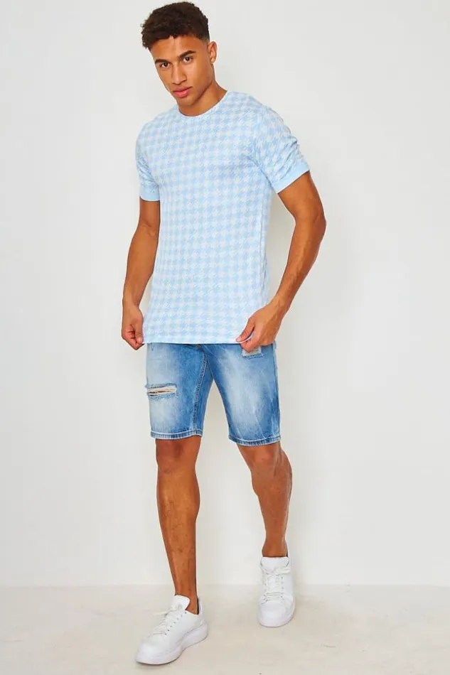 Men TShirt With Houndstooth Print In Blue Bleuclair Brentiny Paris TShirts Men TShirt With Houndstooth Print In Blue Bleuclair Brentiny Paris TShirts