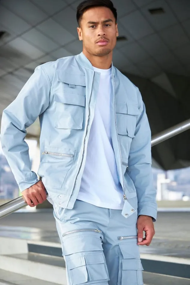 Men Veste Col Bomber Poches Multiples Bleu Clair Bleuclair Brentiny Paris Jackets