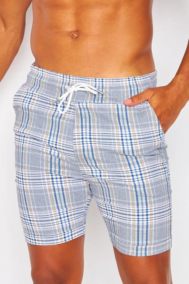 Men White Shorts With Blue And Beige Ckeck Print Blue Brentiny Paris Shorts
