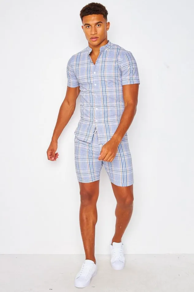 Men White Shorts With Blue And Beige Ckeck Print Blue Brentiny Paris Shorts