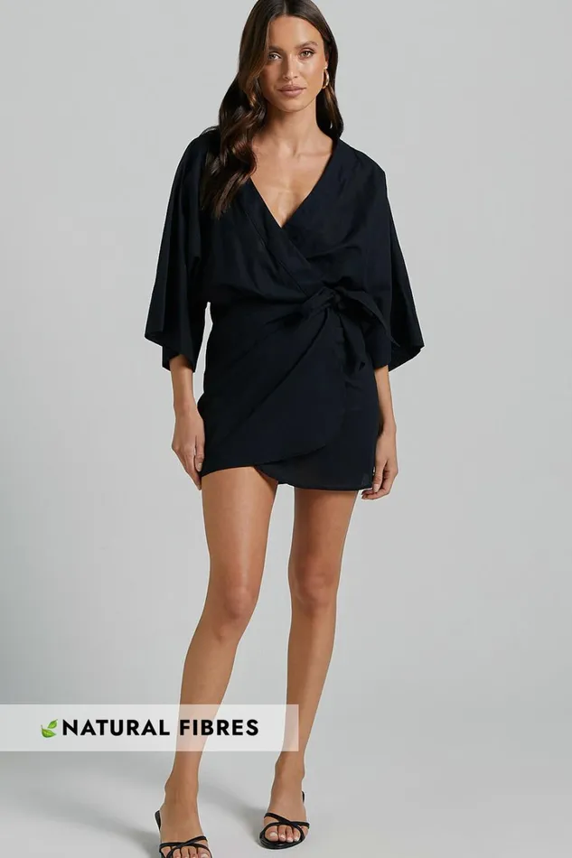 Meranda Mini Dress 8211 V Neck 34 Sleeve Wrap In Black Women Showpo Dresses