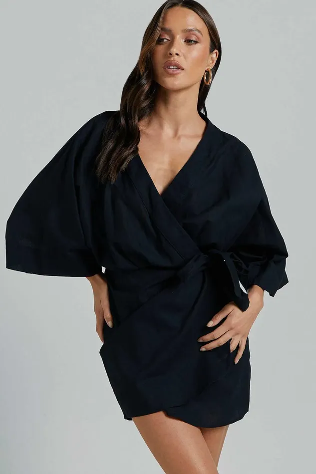 Meranda Mini Dress 8211 V Neck 34 Sleeve Wrap In Black Women Showpo Dresses