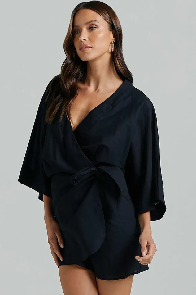 Meranda Mini Dress 8211 V Neck 34 Sleeve Wrap In Black Women Showpo Dresses