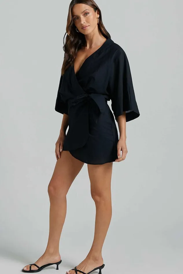 Meranda Mini Dress 8211 V Neck 34 Sleeve Wrap In Black Women Showpo Dresses