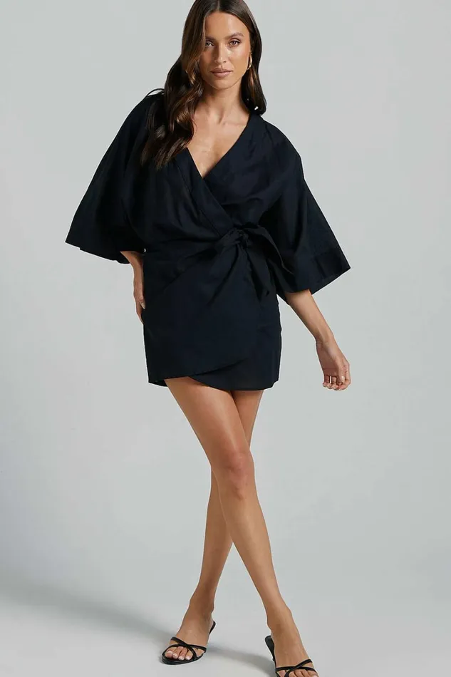 Meranda Mini Dress 8211 V Neck 34 Sleeve Wrap In Black Women Showpo Dresses