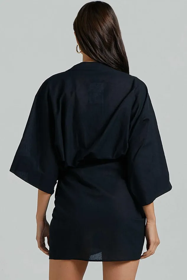 Meranda Mini Dress 8211 V Neck 34 Sleeve Wrap In Black Women Showpo Dresses