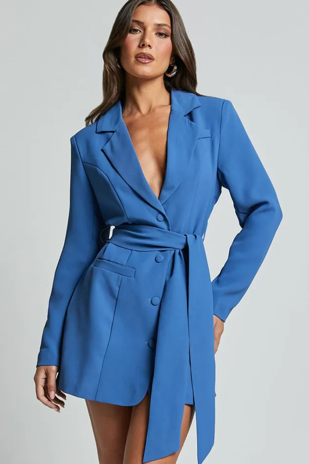 Mhina Mini Dress 8211 Waist Tie Blazer Dress In Cobalt Women Showpo Curve Clothes