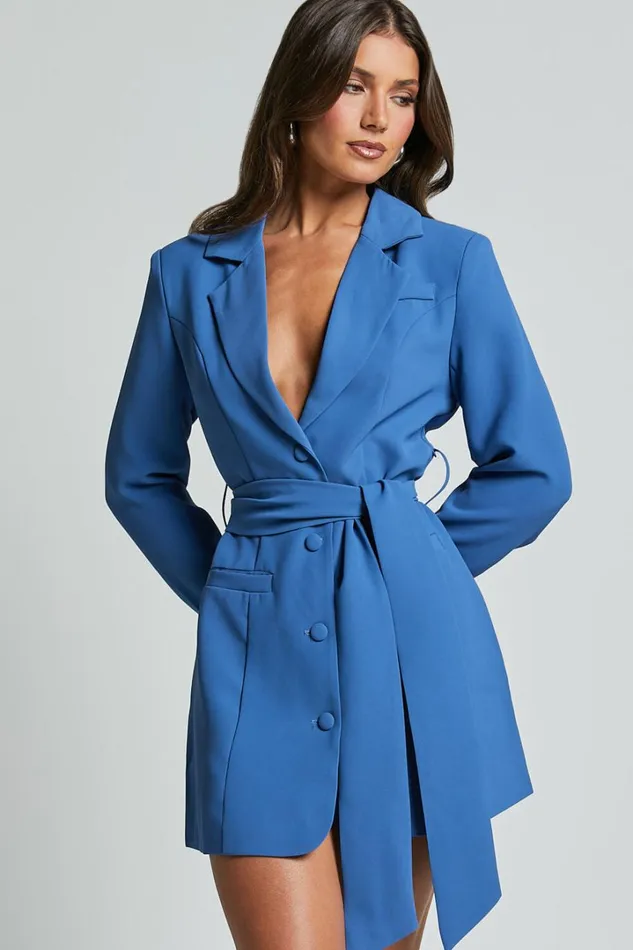 Mhina Mini Dress 8211 Waist Tie Blazer Dress In Cobalt Women Showpo Curve Clothes