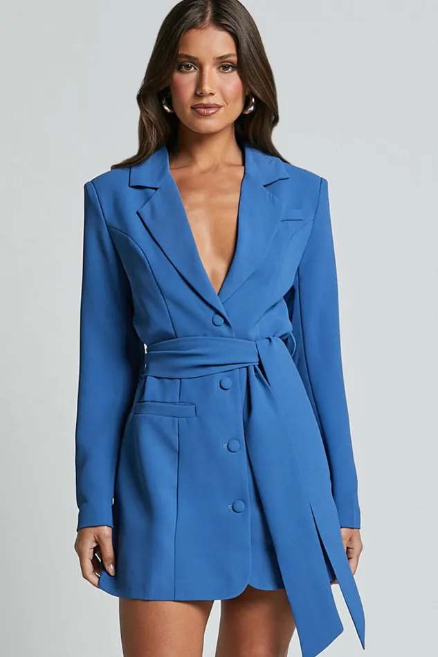 Mhina Mini Dress 8211 Waist Tie Blazer Dress In Cobalt Women Showpo Curve Clothes