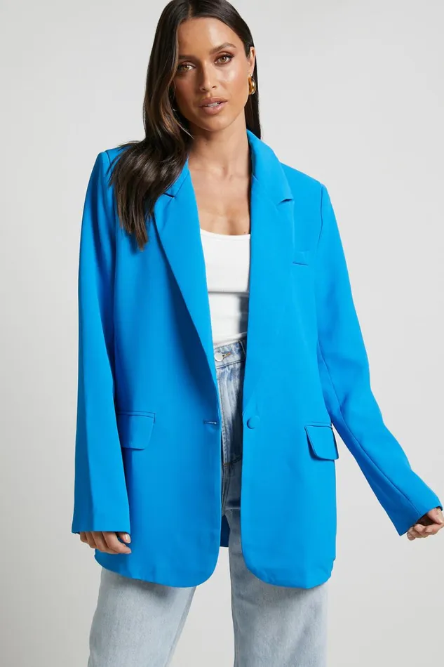 Michelle Blazer 8211 Oversized Plunge Neck Button Up Blazer In Blue Women Showpo Blazers