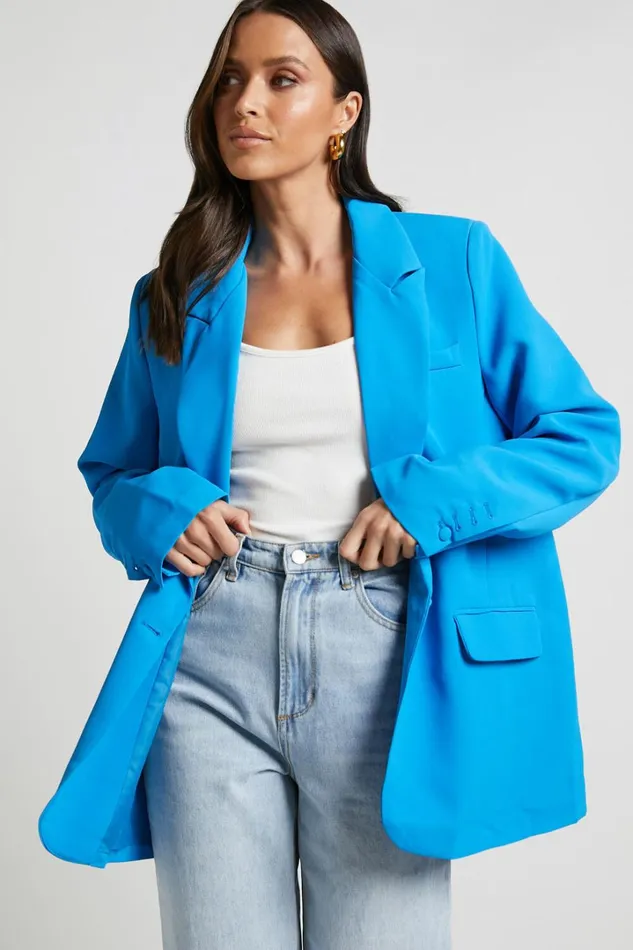 Michelle Blazer 8211 Oversized Plunge Neck Button Up Blazer In Blue Women Showpo Blazers