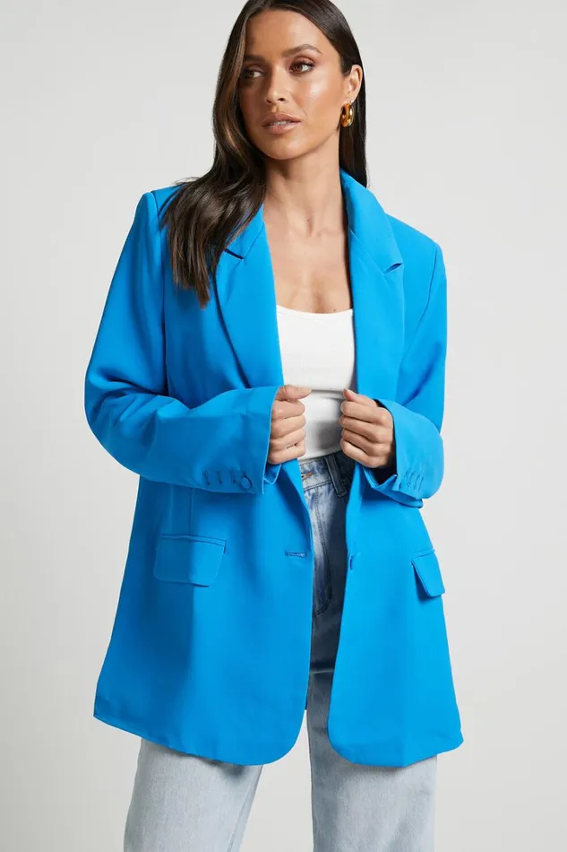 Michelle Blazer 8211 Oversized Plunge Neck Button Up Blazer In Blue Women Showpo Blazers