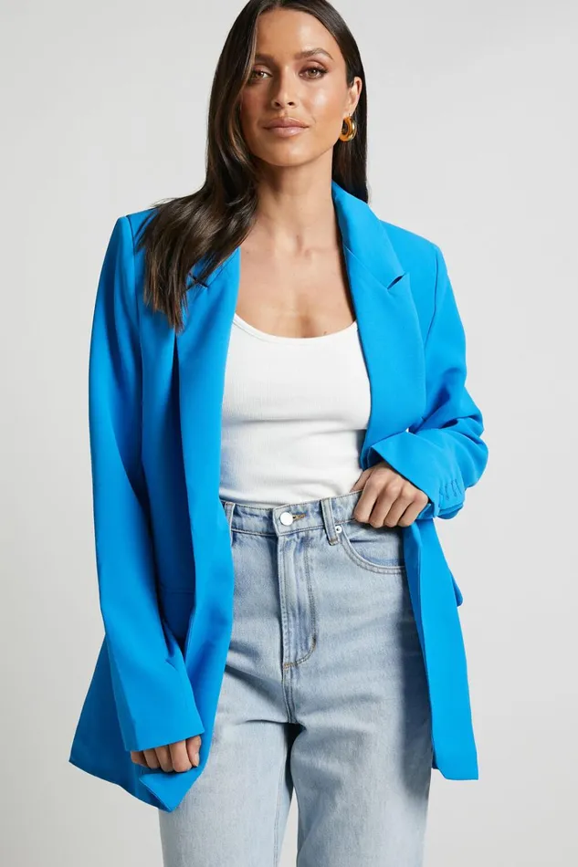Michelle Blazer 8211 Oversized Plunge Neck Button Up Blazer In Blue Women Showpo Blazers