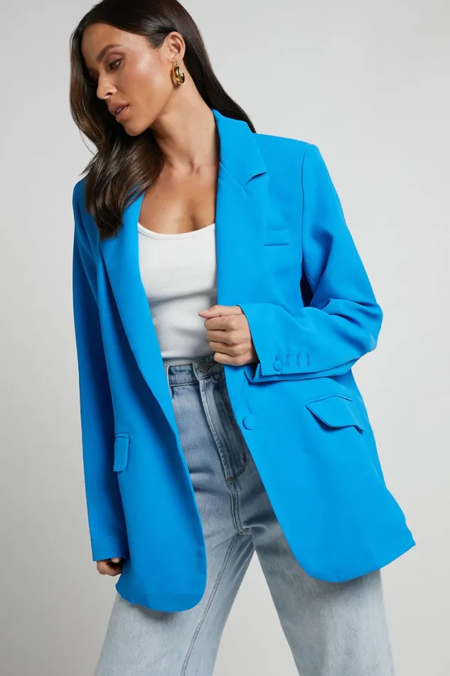 Michelle Blazer 8211 Oversized Plunge Neck Button Up Blazer In Blue Women Showpo Blazers