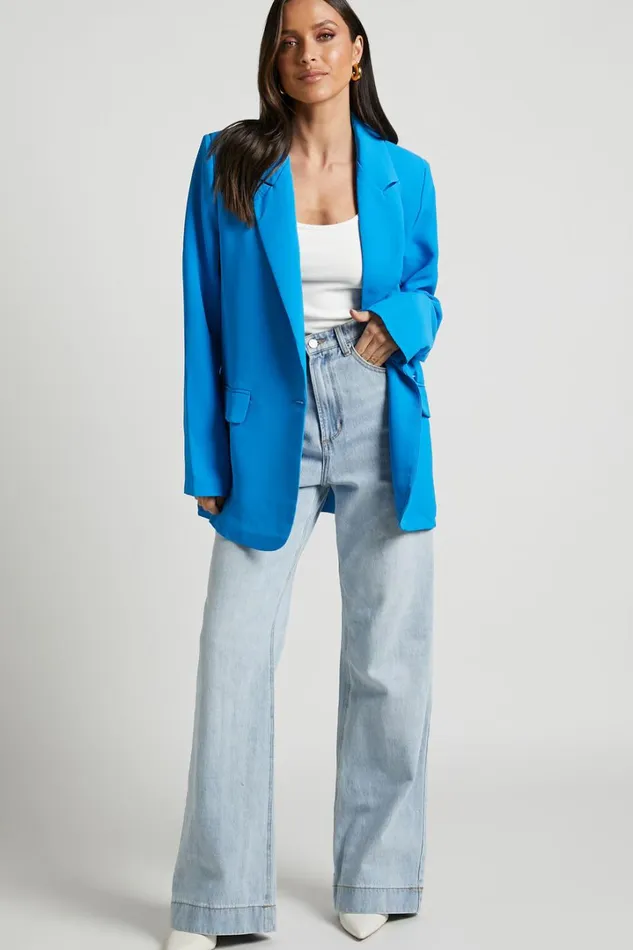 Michelle Blazer 8211 Oversized Plunge Neck Button Up Blazer In Blue Women Showpo Blazers