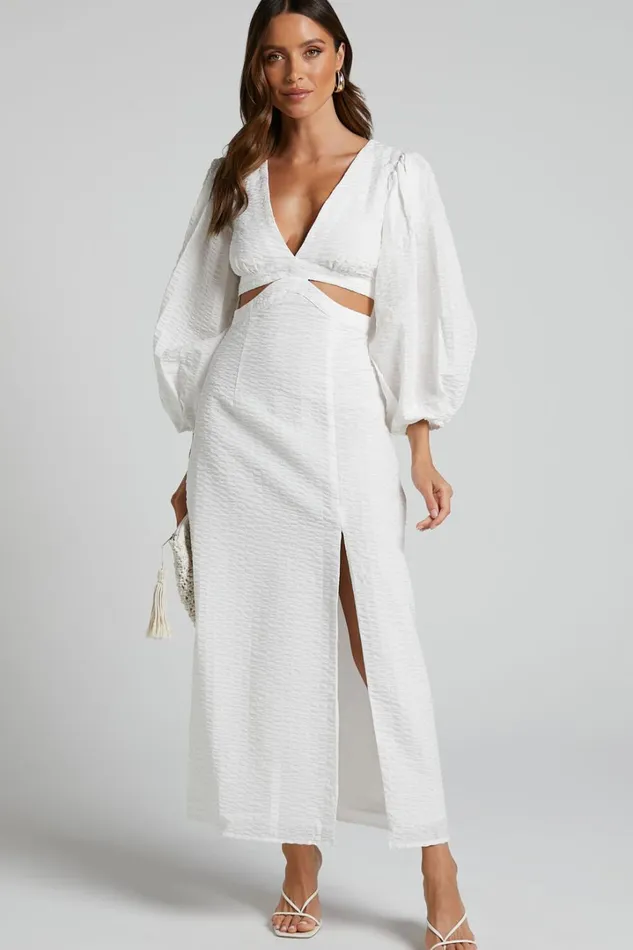 Miggy Midi Dress 8211 Puff Sleeve Cut Out Split Dress In White Women Showpo Curve Clothes Miggy Midi Dress 8211 Puff Sleeve Cut Out Split Dress In White Women Showpo Curve Clothes