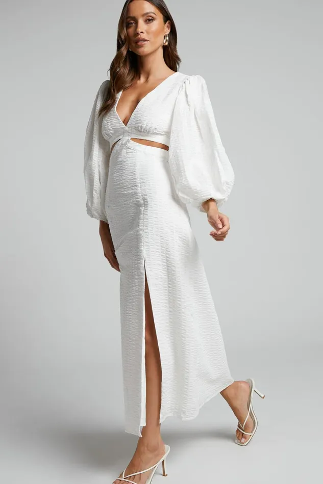 Miggy Midi Dress 8211 Puff Sleeve Cut Out Split Dress In White Women Showpo Curve Clothes