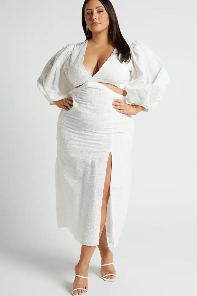 Miggy Midi Dress 8211 Puff Sleeve Cut Out Split Dress In White Women Showpo Curve Clothes
