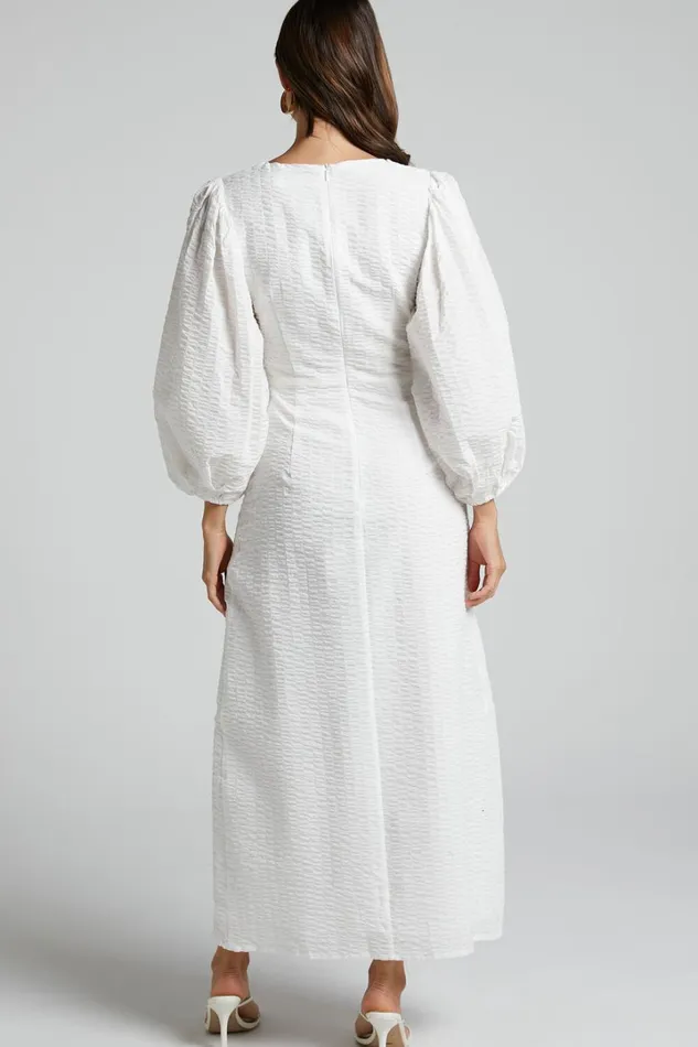 Miggy Midi Dress 8211 Puff Sleeve Cut Out Split Dress In White Women Showpo Curve Clothes