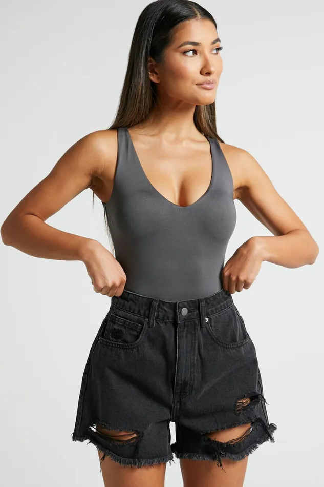 Mindae Shorts 8211 Recycled Cotton Ripped Denim Shorts In Washed Black Women Showpo Conscious