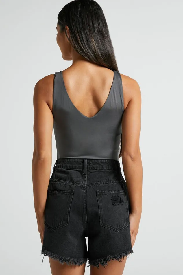 Mindae Shorts 8211 Recycled Cotton Ripped Denim Shorts In Washed Black Women Showpo Conscious