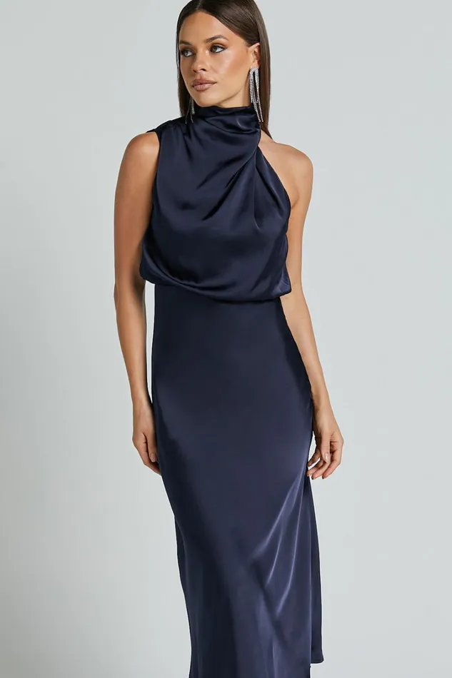 Minnie Midi Dress 8211 Drape Neck Satin Slip Dress In Midnight Blue Women Showpo Curve Clothes