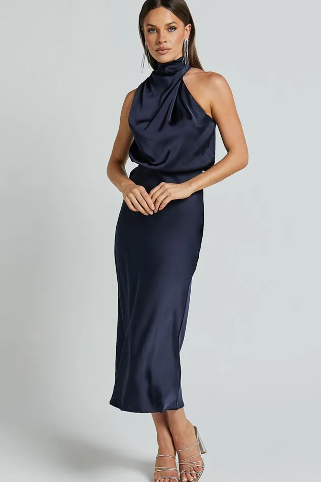 Minnie Midi Dress 8211 Drape Neck Satin Slip Dress In Midnight Blue Women Showpo Curve Clothes