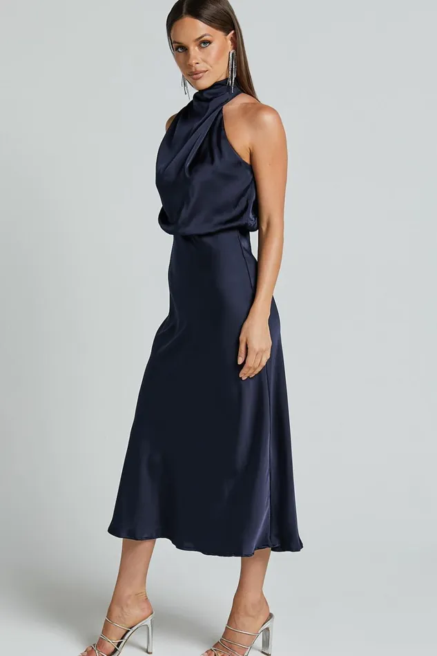 Minnie Midi Dress 8211 Drape Neck Satin Slip Dress In Midnight Blue Women Showpo Curve Clothes
