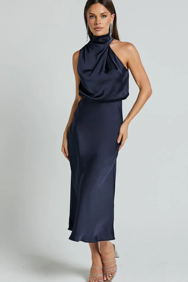 Minnie Midi Dress 8211 Drape Neck Satin Slip Dress In Midnight Blue Women Showpo Curve Clothes