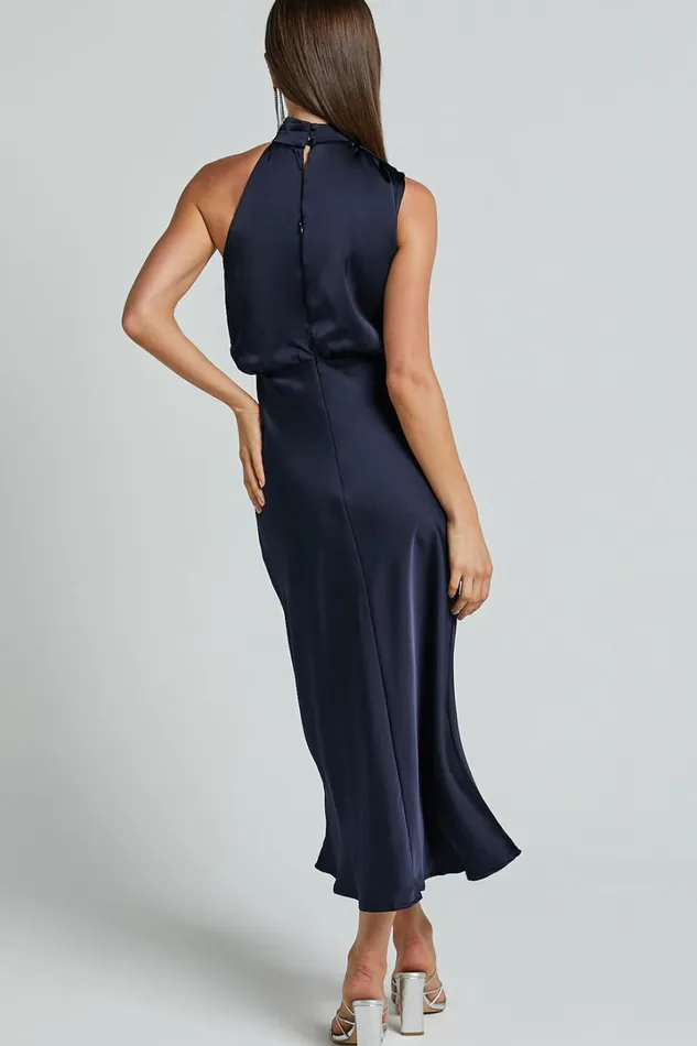 Minnie Midi Dress 8211 Drape Neck Satin Slip Dress In Midnight Blue Women Showpo Curve Clothes