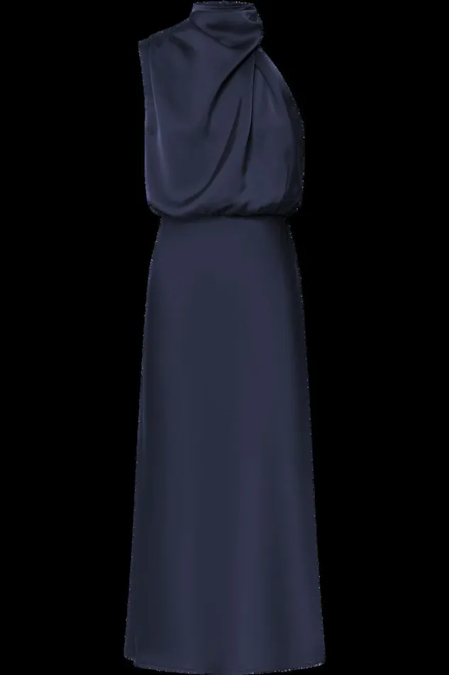 Minnie Midi Dress 8211 Drape Neck Satin Slip Dress In Midnight Blue Women Showpo Curve Clothes