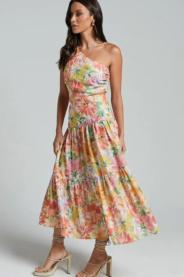 Mitzy Midi Dress 8211 One Shoulder Cut Out Tiered Dress In Summer Floral Women Showpo Dresses