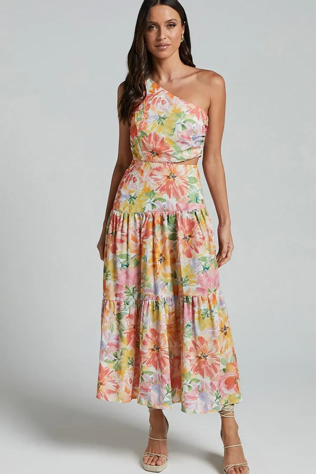 Mitzy Midi Dress 8211 One Shoulder Cut Out Tiered Dress In Summer Floral Women Showpo Dresses